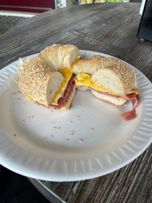 Taylor ham egg and cheese on sesame bagel