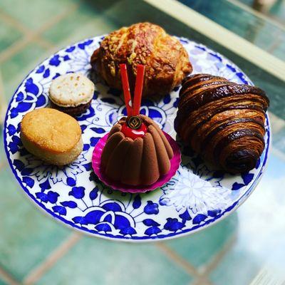 Ham & Cheese Croissant, Chocolate Croissant, Mini Beignet, Manjari (dark chocolate mousse + raspberry mousse), Chocolate Hazelnut Macaron