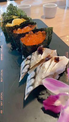 Quail egg & tobiko nigiri, ikura nigiri, mackerel nigiri