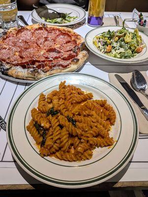 Spicy fusilli, pepperoni pizza, house salad.