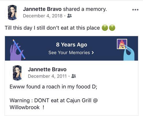 My post from years ago of me telling everyone I found a roach in my food!