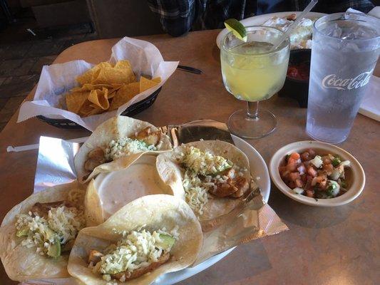 Fish Tacos & margarita with pico de gallo on the side