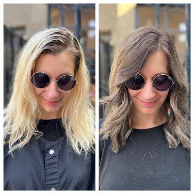 Client wanted a less maintenance hair color. Reverse Balayage with Mushroom Blonde