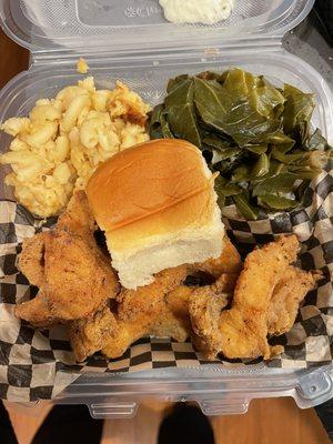 Fried catfish, mac & cheese, collard greens, and a bun