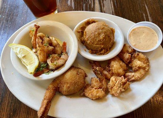 Shrimp Trinity (shrimp three ways) with a side of Sweet Potato Mash.