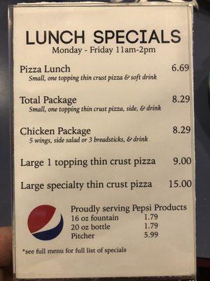 Lunch specials.  Drinks are Free Refill