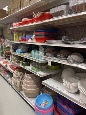 Plates and kitchen miscellaneous items.