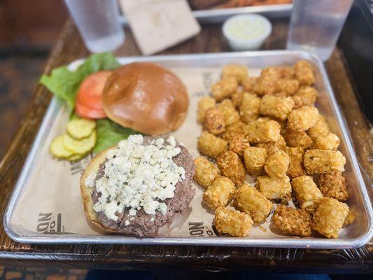 Build your own, single patty with blue cheese and half over cooked tater tots- burger was a little raw too