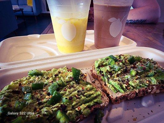 Spicy Avo Toast and 2 smoothies. Bring someone to share this with!