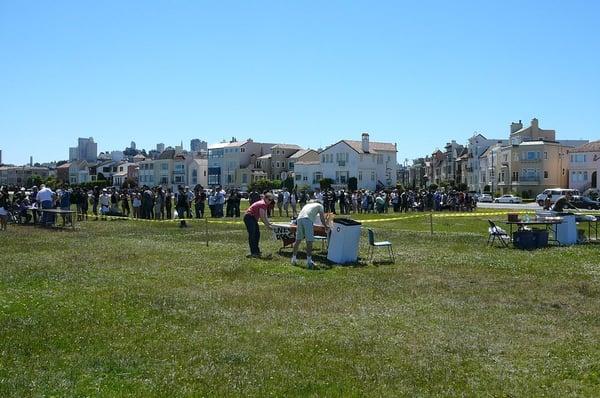 People lining up to get in.