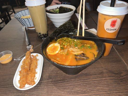 Spicy miso ramen with shrimp tempura