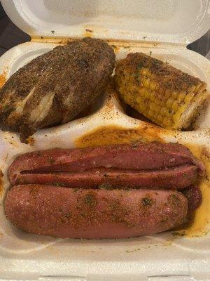 Sausage, corn, and potato with one extra sausage