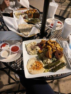 Vegan Taste of Lebanon Plate with tahini, ketchup, and a vegan garlic/ketchup mix. Yum!