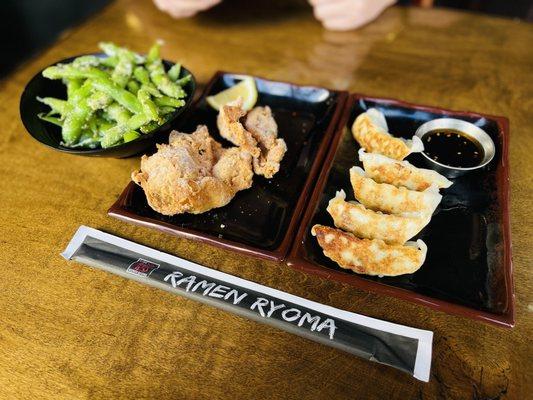 Garlic edamame (is the best), fried chicken skin (I'd prob get karage over this next time), and yummy gyoza  w/tasty dipping sauce.