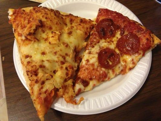 Left: Buffalo Chicken.  Right: Pepperoni.  Pepperoni was fresher and quite good.