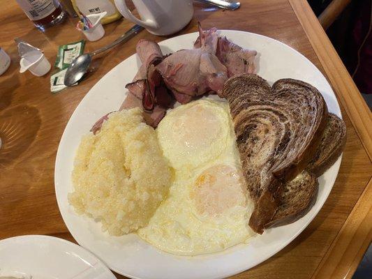 Smoked pork, eggs over easy, grits and toast.  The pork is the best!!