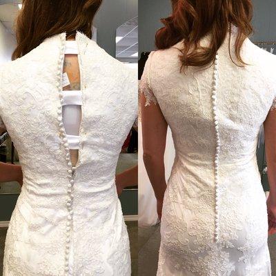 Before and after an alteration of a lace gown that was too small to close in the back.