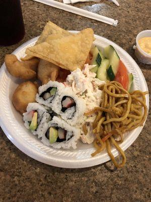 Sushi, crab Rangoon. Cucumber salad, tomatoes, lo mien, snow crab salad, sweet and sour chicken, spicy Mayo