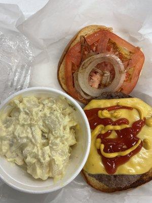 Burger and potato salad