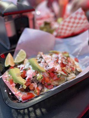 Tacos with 3 different toppings: chicken, cow tongue and shrimp