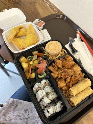 Crab rangoon and chicken bento box