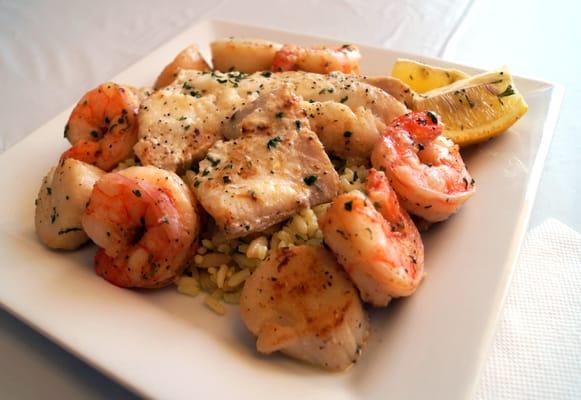 Broiled Seafood Dinner with shrimp, scallops, and haddock