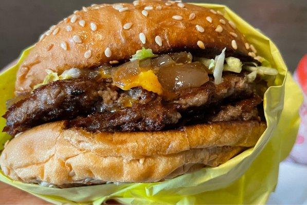 Double cheeseburger with grilled onions