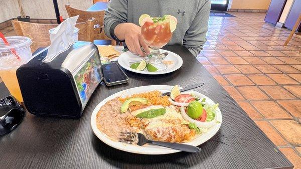 Chicken enchiladas and shrimp cocktail