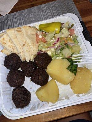 Falafel platter with lemon potatoes, pita & salad