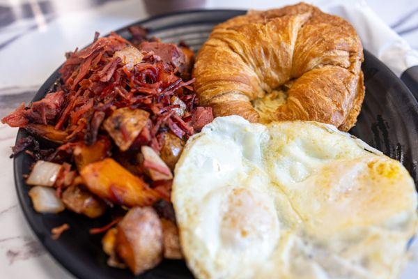 Red Flannel Hash & Eggs w/ croissant ($17)