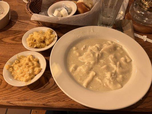 Chicken and Dumplings, Hashbrown Casserole, and Macaroni and Cheese