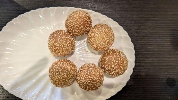 Sesame balls, fried, light, just a little sweet, very tasty.