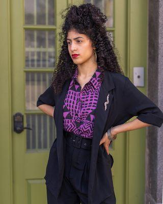 The Dark Wave collection, featuring a wide-range of office appropriate styles in black solid and bold 1980s-inspired Darkwave print.