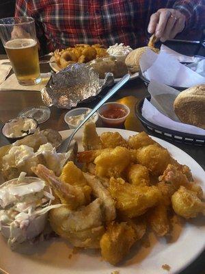 Seafood Platter with baked potato and coleslaw