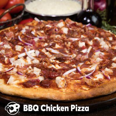 BBQ Chicken Pizza: Spicy BBQ Sauce, Original Crust, Mozzarella Cheese, Chicken, Applewood Smoked Bacon & Red Onions.