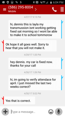 Notifying teacher of my absence (car issues) I drove an hr each way yet reported that I just failed to show and didnt know where I was.