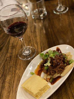 5th course of wine club dinner tasting - tri tip chili with a Cabernet Sauvignon