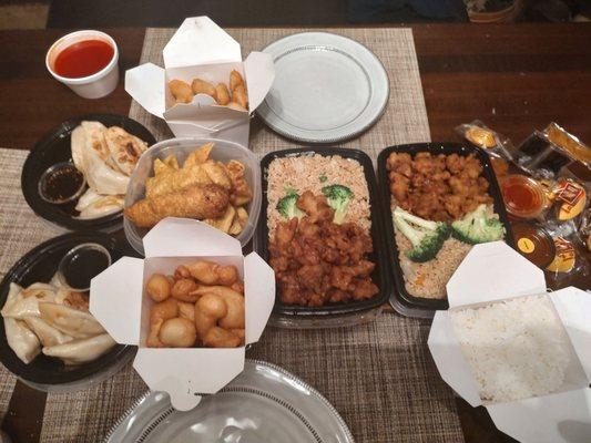 Orange chicken, Sweet n Sour chicken, Crab Rangoon, Fried Dumplings and Eggrolls.