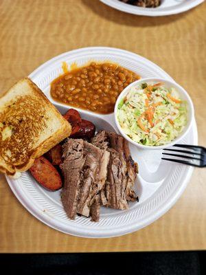 Two meat plate:Brisket, hot Link, baked beans and coleslaw