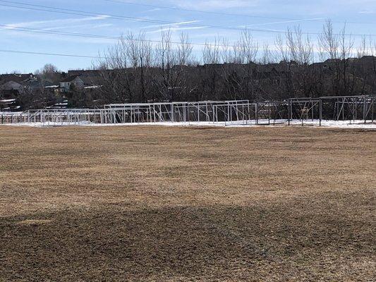 Soccer goals in storage for winter