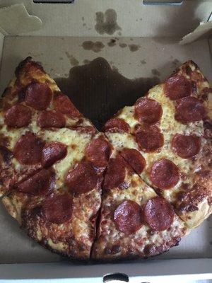 Medium pepperoni pizza for $14. 2 slices missing.