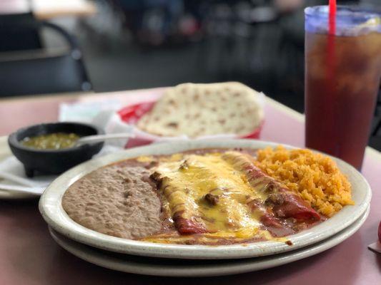 The wonderful Enchiladas Plate with cheese enchiladas, rice, beans & fresh made flour tortillas!