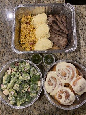 Tri tip steak, potatoes corn succotash, Broccoli salad and salmon rolls with chimichurri sauce