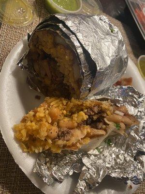 Burrito w/ carne al pastor and asada + cheese; $12