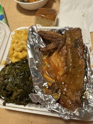 1/2 chicken 1/2 ribs, collard greens, mac n cheese