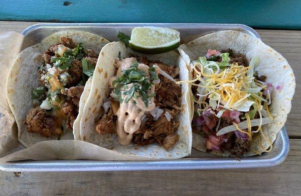 Taco Tuesday Special - One of Each Buffalo Chicken, Adobo Chicken Taco and Gringo Beef