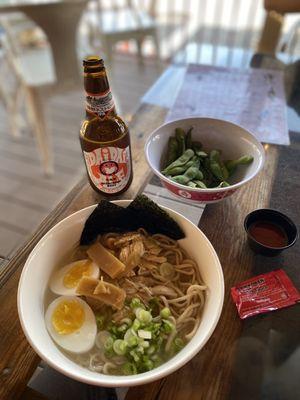 Lemon shio ramen, edamame, and dai dai beer.