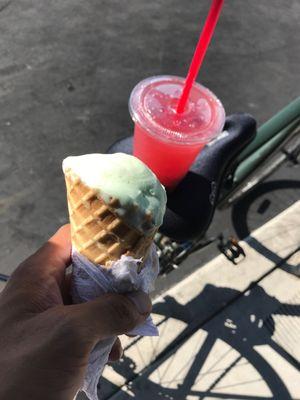 Waffle cone ice cream and berry agua fresca