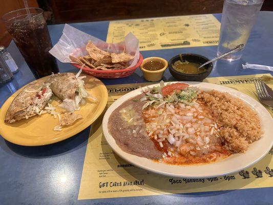 He said red cheese, onion, enchiladas with rice and beans and two ground beef crispy tacos.