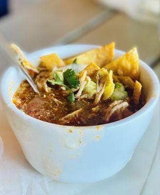 Cup of Chicken Tortilla Soup has fresh avocado, fresh fried tortilla chips w/ side of pico in bone broth. Fabulous a must order.